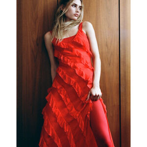 Rat & Boa Cecelia Silk Chiffon Ruffle Trim V-Neck Maxi Dress Red Women's Size XS